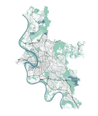 Düsseldorf Haritası, Almanya. Detaylı şehir vektör haritası, sınırlı metropol alanı. Yol ve su haritası.
