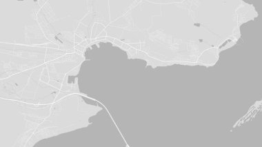 Beyaz ve açık gri Kerch Şehri alan vektör arkaplan haritası, yollar ve su haritası çizimi. Geniş ekran oranı, dijital düz tasarım yol haritası.