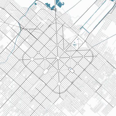 La Plata şehrinin ayrıntılı haritası, Arjantin. Nehirleri, yolları, parkları ve demiryolları olan belediye yönetim alanı haritası. Vektör illüstrasyonu.