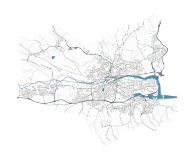 Cork Haritası, İrlanda. Detaylı şehir vektör haritası, sınırlı metropol alanı. Yol ve su haritası.