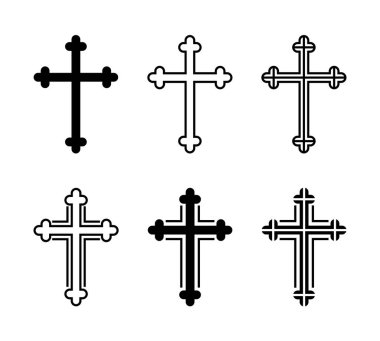 Katolik haçı seti, dini Hristiyan sembolü silueti, ikon şekil koleksiyonu. Ana hat amblemi.