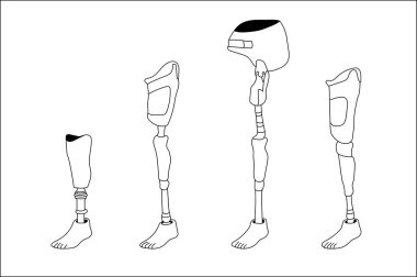 Bacak protez çizgisi sanat seti, ortopedik rehabilitasyon için yapay ayak, biyonik implant, dış iskelet. Özet sembolleri