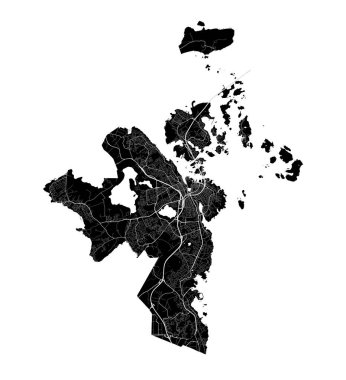 Stavanger Haritası, Norveç. Detaylı şehir vektör haritası, sınırlı metropol alanı. Yolları ve suları olan siyah beyaz bir sokak haritası.