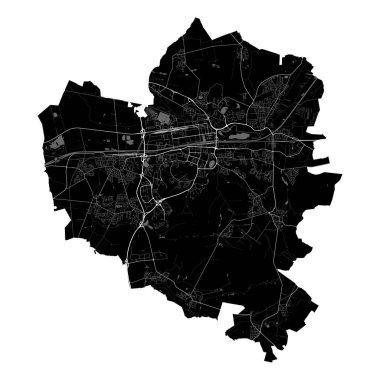 Wolfsburg Haritası, Almanya. Detaylı şehir vektör haritası, sınırlı metropol alanı. Yolları ve suları olan siyah beyaz bir sokak haritası.