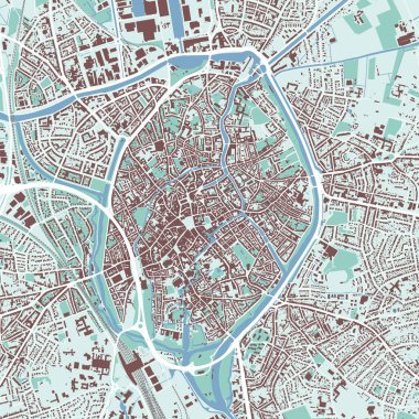 Bruges haritası, Belçika. Şehir haritası, binaları ve yolları, parkları ve nehirleri olan vektör sokak haritası.