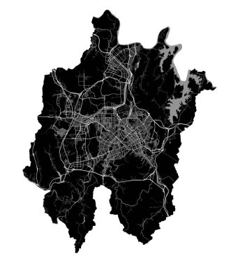 Daejeon Haritası, Güney Kore. Detaylı şehir vektör haritası, sınırlı metropol alanı. Yolları ve suları olan siyah beyaz bir sokak haritası.