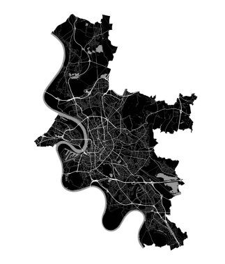 Düsseldorf Haritası, Almanya. Detaylı şehir vektör haritası, sınırlı metropol alanı. Yolları ve suları olan siyah beyaz bir sokak haritası.