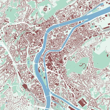 Liege haritası, Belçika. Şehir haritası, binaları ve yolları, parkları ve nehirleri olan vektör sokak haritası.