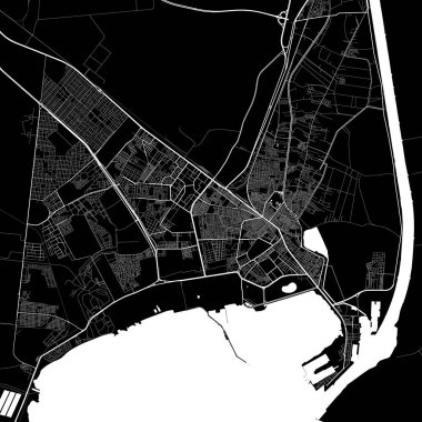 Map of Suez, Egypt. Detailed city vector map, metropolitan area. Black and white streetmap with roads and water. clipart