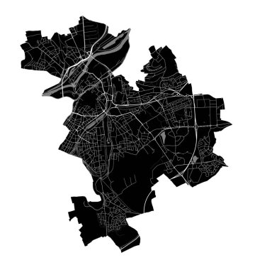 Metz Haritası, Fransa. Detaylı şehir vektör haritası, metropol alanı. Yolları ve suları olan siyah beyaz bir sokak haritası.