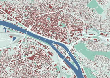 Rouen haritası, Fransa. Şehir haritası, binaları ve yolları, parkları ve nehirleri olan vektör sokak haritası.