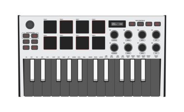 MIDI denetleyici. Taşınabilir sentezleyici, iki oktav klavye, davul pedleri ve düğmeler.. 