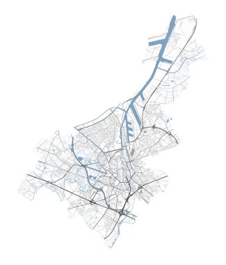 Gent Haritası, Belçika. Detaylı şehir vektör haritası, metropol alanı. Yollu sokak haritası.