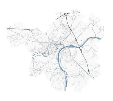 Namur haritası, Belçika. Detaylı şehir vektör haritası, metropol alanı. Yollu sokak haritası.