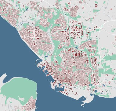 Esbjerg Haritası, Danimarka. Belediye binaları ile detaylı şehir vektör haritası. Yollu sokak haritası.