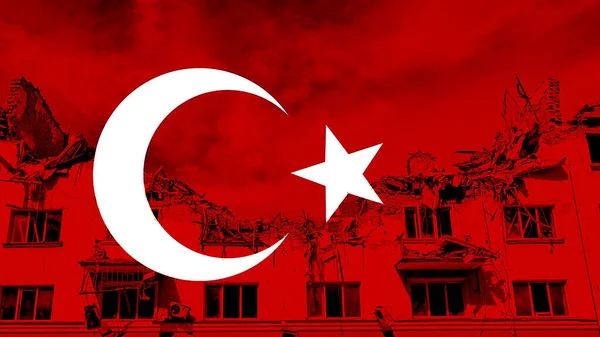 Bandiera Turca Sull Edificio Distrutto Concetto Terremoto — Foto Stock