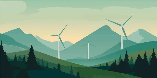 緑のエネルギーコンセプト 空と山の丘の間の風力発電タービンの景観のシルエット — ストックベクタ