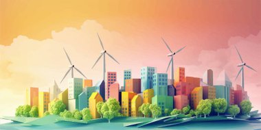 Ecology city background with wind turbines and buildings. Vector illustration. clipart