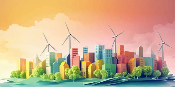 stock vector Ecology city background with wind turbines and buildings. Vector illustration.