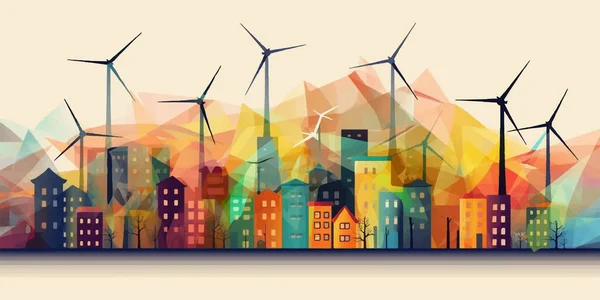 Eco Stadsgezicht Met Windturbines Gebouwen Vectorillustratie — Stockvector