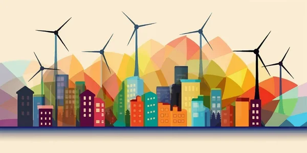 風力タービンと都市スカイラインと生態系の概念 ベクターイラスト — ストックベクタ