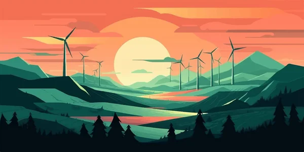 Krajobraz Turbinami Wzgórzami Zachodzie Słońca Ilustracja Wektora — Wektor stockowy