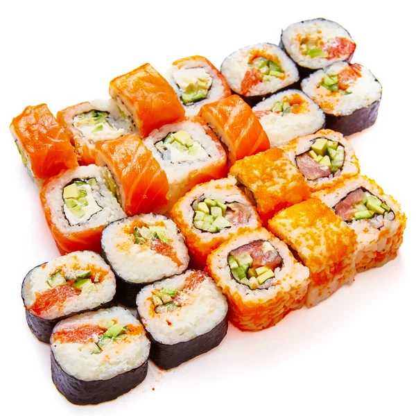 Zestaw Bułek Sushi Łososiem Awokado Serem Śmietankowym Ogórkiem Ryżem Tuńczykiem — Zdjęcie stockowe