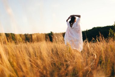 Vahşi tarladaki esmer genç kadın. Doğal güzellik ve romantizm kavramı. Gün batımı ışığı. Arkadan bak..