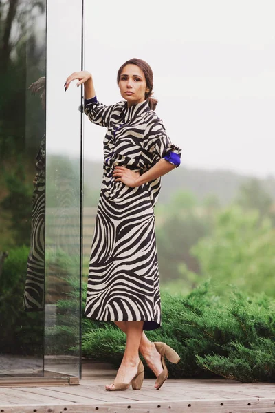 Висока Модна Фотографія Красивої Елегантної Молодої Жінки Красивій Сукні Друку — стокове фото
