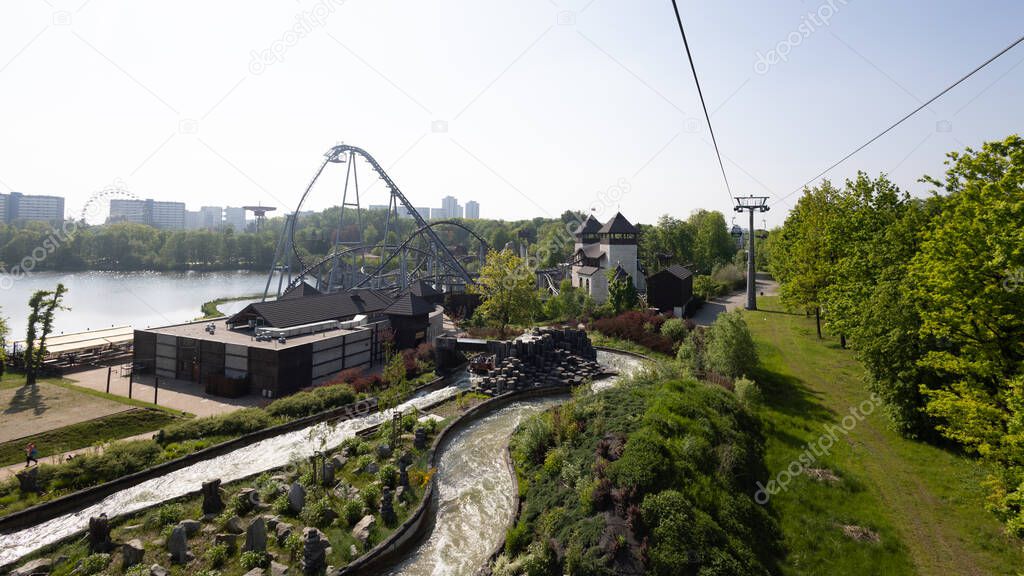 Katowice, Poland - May 20, 2023: Amusement park Legendia Slaskie Amusement Park, view from above