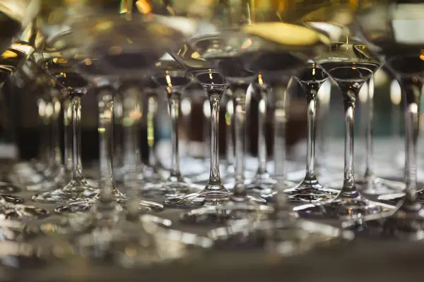 Glasses with white and red wine. Catering services. Glasses with wine in row background at restaurant party. Shallow dof.