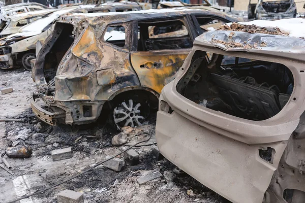 Kiev Ucraina Gennaio 2024 Auto Civili Bruciate Dopo Attacco Missile — Foto Stock