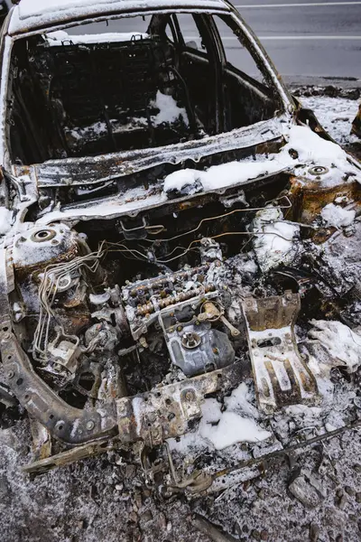 Kyjev Ukrajina Ledna 2024 Spálené Civilní Automobily Útoku Rusů — Stock fotografie