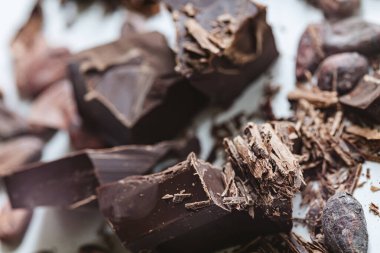 Beyaz arka planda çikolatalı kakao çekirdekleri. Yüzeysel. Üst görünüm