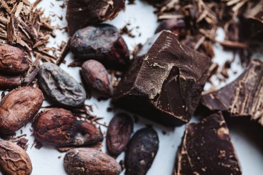 Beyaz arka planda çikolatalı kakao çekirdekleri. Yüzeysel. Üst görünüm