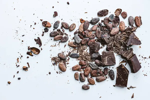 Chocolate Cacao Concept Cocoa Beans Broken Chocolate White Background Top — Stock Photo, Image