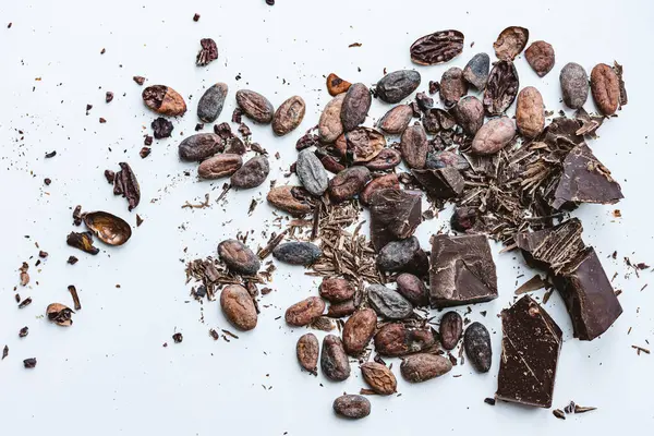 Chocolate Cacao Concept Cocoa Beans Broken Chocolate White Background Top — Stock Photo, Image