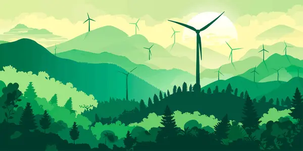 Green Energy Concept Silhouette Landscape View Wind Power Turbine Mountain — Stock Vector
