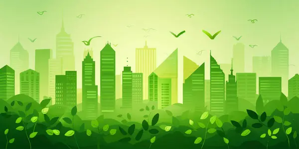 Зелене Місто Пейзаж Будівлями Пагорбами Деревами Концепція Екологічної Зеленої Енергії — стоковий вектор