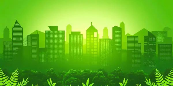 Green City Landscape Buildings Hills Trees Eco Green Energy Concept — Stock Vector