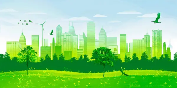 Green City Landscape Buildings Hills Trees Eco Green Energy Concept — Stock Vector