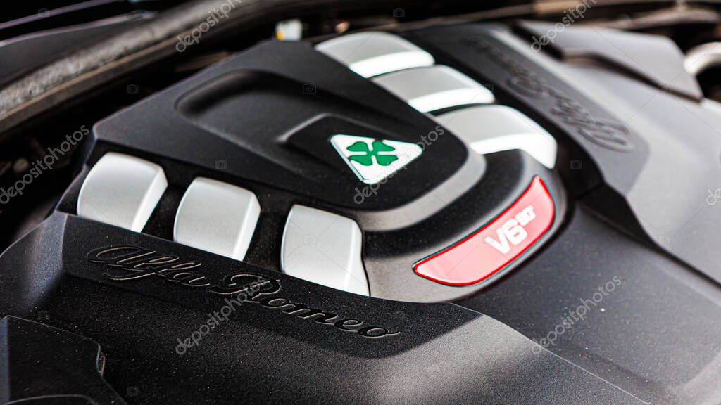 Kyiv, Ukraine - June 12, 2025: A detailed shot of a high-performance V6 engine, the powerhouse at the heart of the machine. This image captures the essence of advanced engineering, raw power, and precision design. It serves as a potent metaphor for t