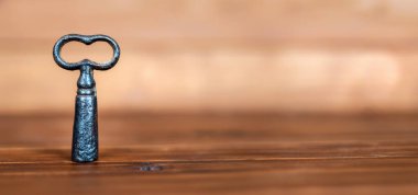 Antique old key on wooden background with copy space. Solution, coaching and mentoring banner.
