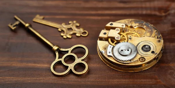 Old gold vintage keys with antique clockwork, escape room game banne