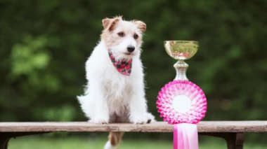 Kazanan kupa ve kurdeleyle sevimli bir köpek, başarılı bir yarışma geçmişi var.