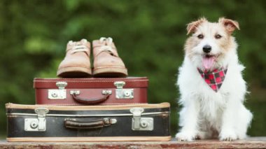 Mutlu köpek bakıcılığı, yazın bavullar ve ayakkabılarla beklemek. Hayvan gezisi, otel ya da tatil..
