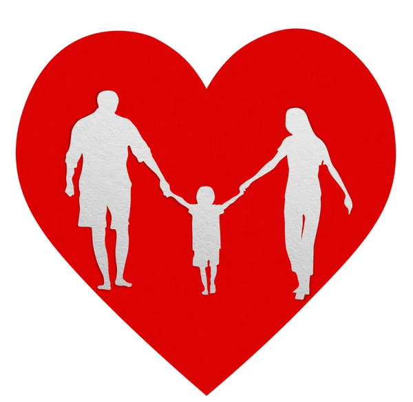 Happy paper cut family holding hands on red heart