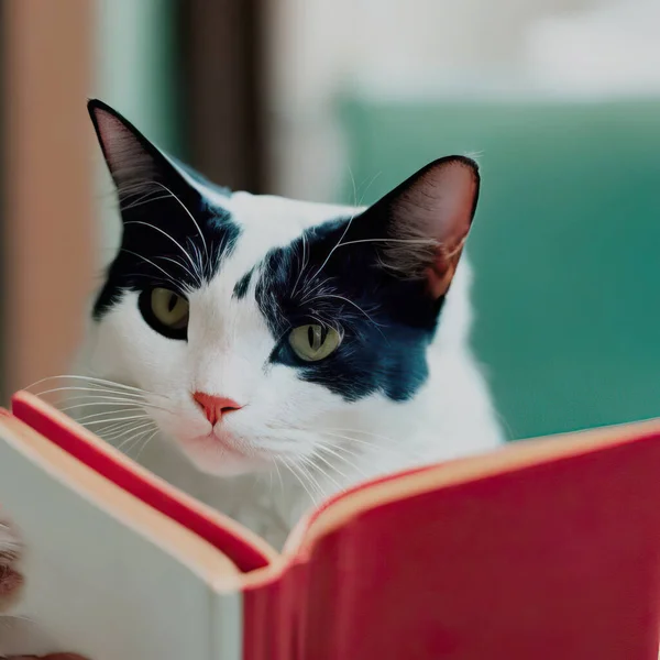 Кіт Зеленими Очима Читає Книгу — стокове фото