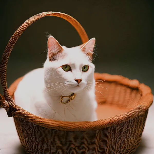 Gato Blanco Con Ojos Verdes Sienta Una Canasta Mimbre — Foto de Stock
