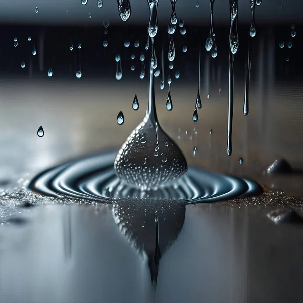 A drop of water falling on a concrete floor with many dewdrops and splashes flying in the air